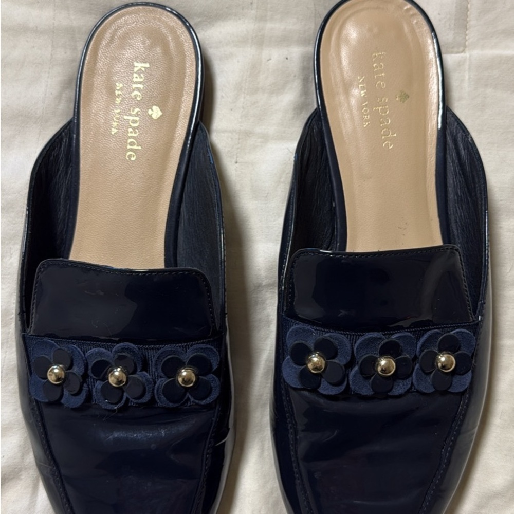 Kate Spade Navy Blue Mules with Floral Detail